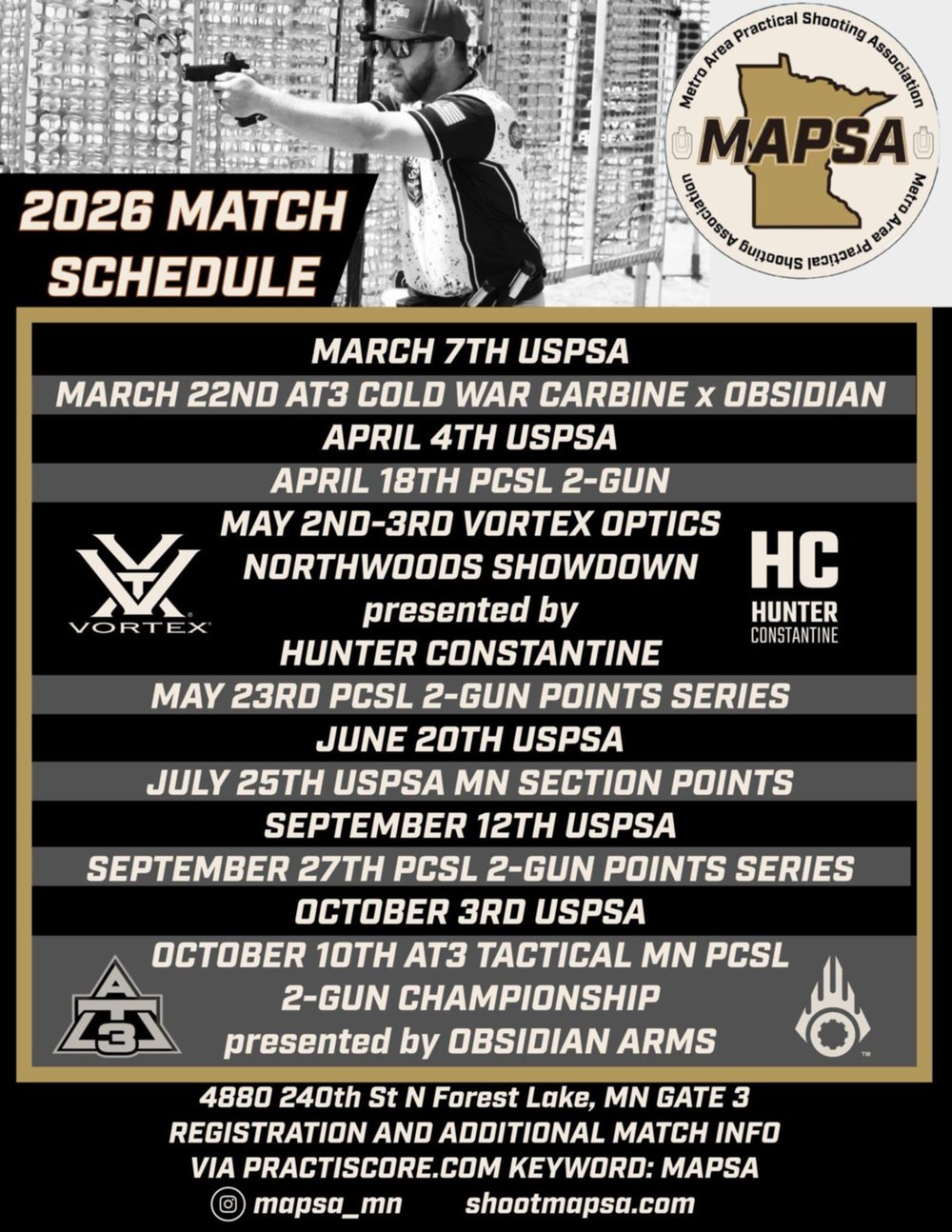 MAPSA 2026 match schedule flyer: USPSA and PCSL 2-Gun matches in Forest Lake, MN